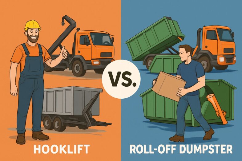 Featured image with text: Roll-Off vs. Hook-Lift Container for Construction Site Debris Removal.