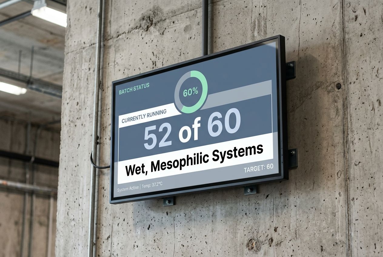 A digital display showing that 52 of 60 reporting facilities use wet systems.