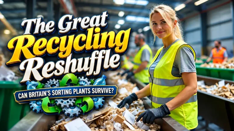 Featured Image with the text: The Great Recycling Reshuffle - Can Britain's Sorting Plants Survive.