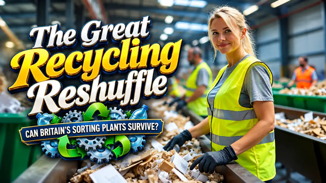 Featured Image with the text: The Great Recycling Reshuffle - Can Britain's Sorting Plants Survive.